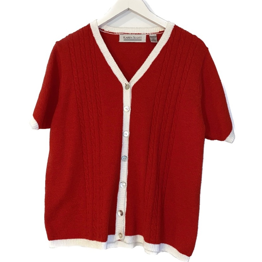 short sleeved vintage cardigan red white / karen scott vintage
